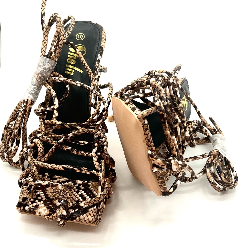 SHEIN Brown Snake Print Lace-Up Heels